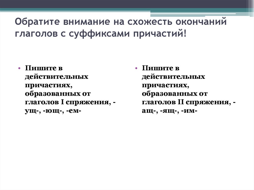Обратите внимание на схожесть окончаний глаголов с суффиксами причастий!