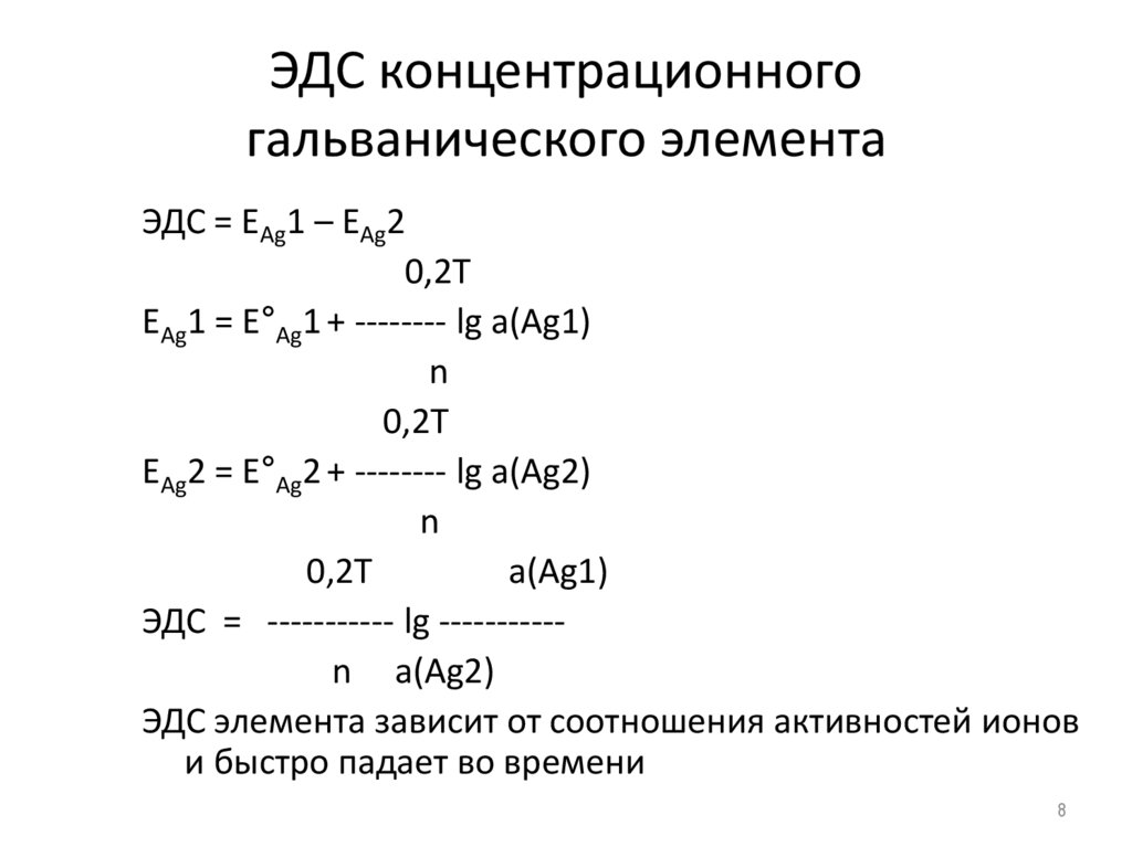 ЭДC концентрационного гальванического элемента