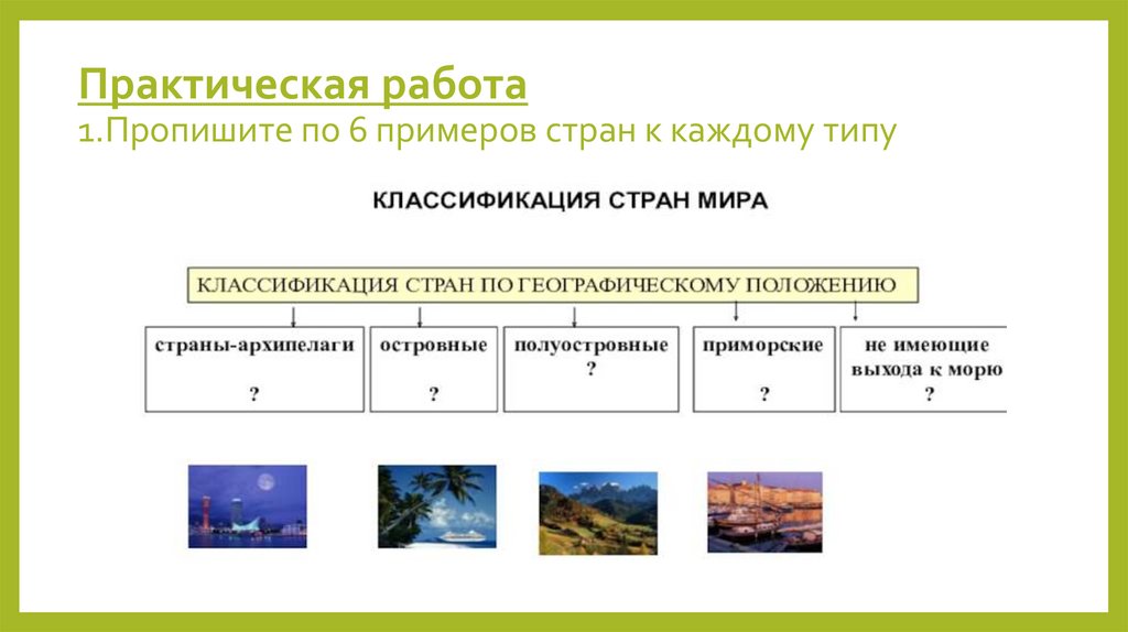 Практическая работа 1.Пропишите по 6 примеров стран к каждому типу