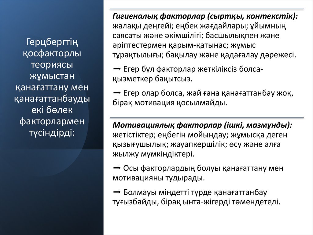 Герцбергтің қосфакторлы теориясы жұмыстан қанағаттану мен қанағаттанбауды екі бөлек факторлармен түсіндірді: