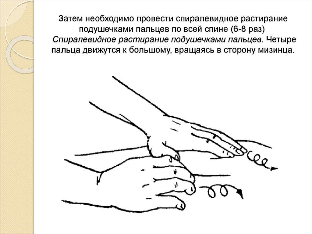 Затем необходимо провести спиралевидное растирание подушечками пальцев по всей спине (6-8 раз)  Спиралевидное растирание