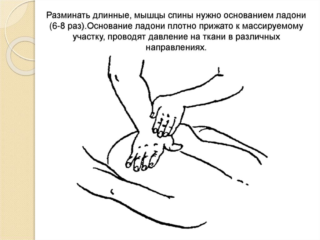 Разминать длинные, мышцы спины нужно основанием ладони (6-8 раз).Основание ладони плотно прижато к массируемому участку,