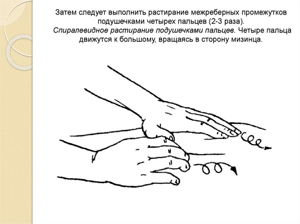 Затем следует выполнить растирание межреберных промежутков подушечками четырех пальцев (2-3 раза). Спиралевидное растирание