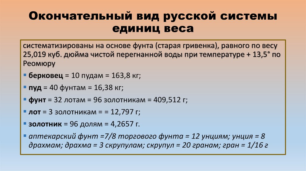 Окончательный вид русской системы единиц веса