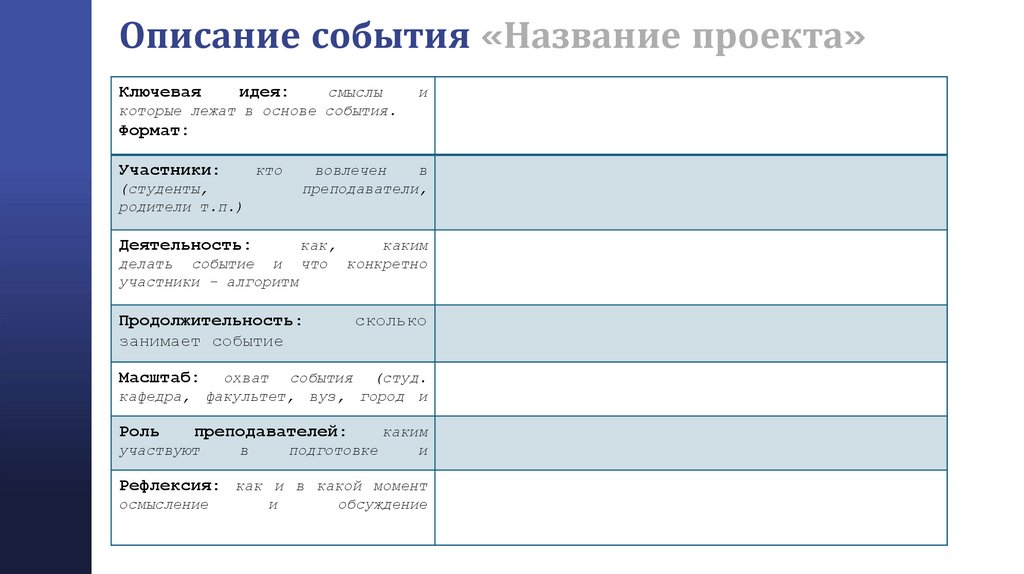 Описание события «Название проекта»
