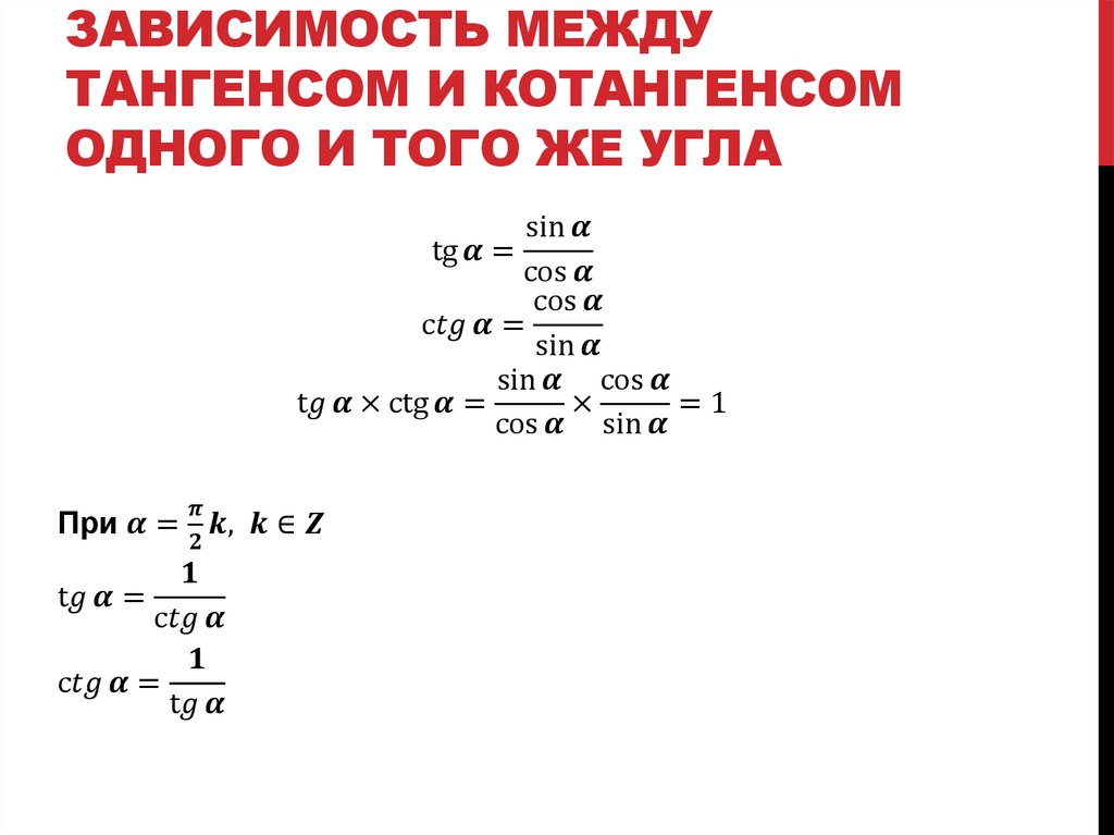 Зависимость между тангенсом и котангенсом одного и того же угла