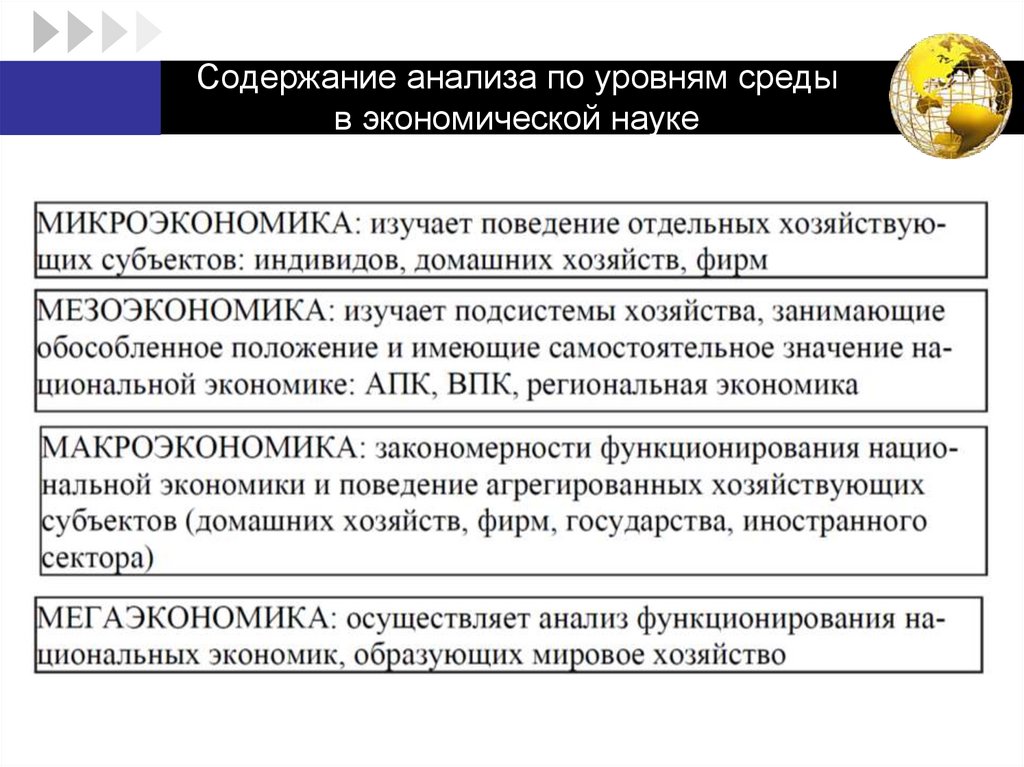 Содержание анализа по уровням среды в экономической науке