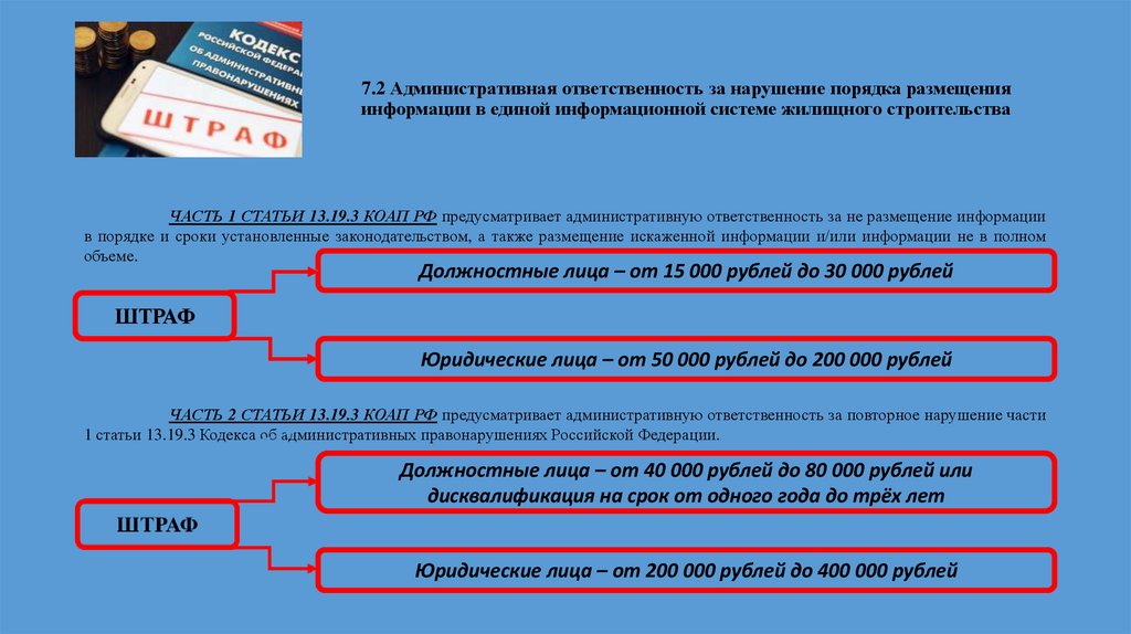 7.2 Административная ответственность за нарушение порядка размещения информации в единой информационной системе жилищного
