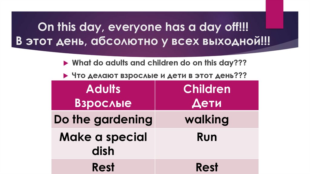 On this day, everyone has a day off!!! В этот день, абсолютно у всех выходной!!!