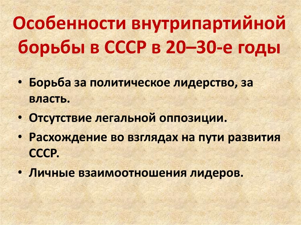 Особенности внутрипартийной борьбы в СССР в 20–30-е годы