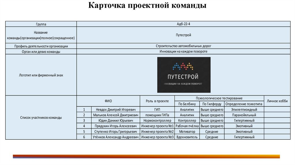 Карточка проектной команды