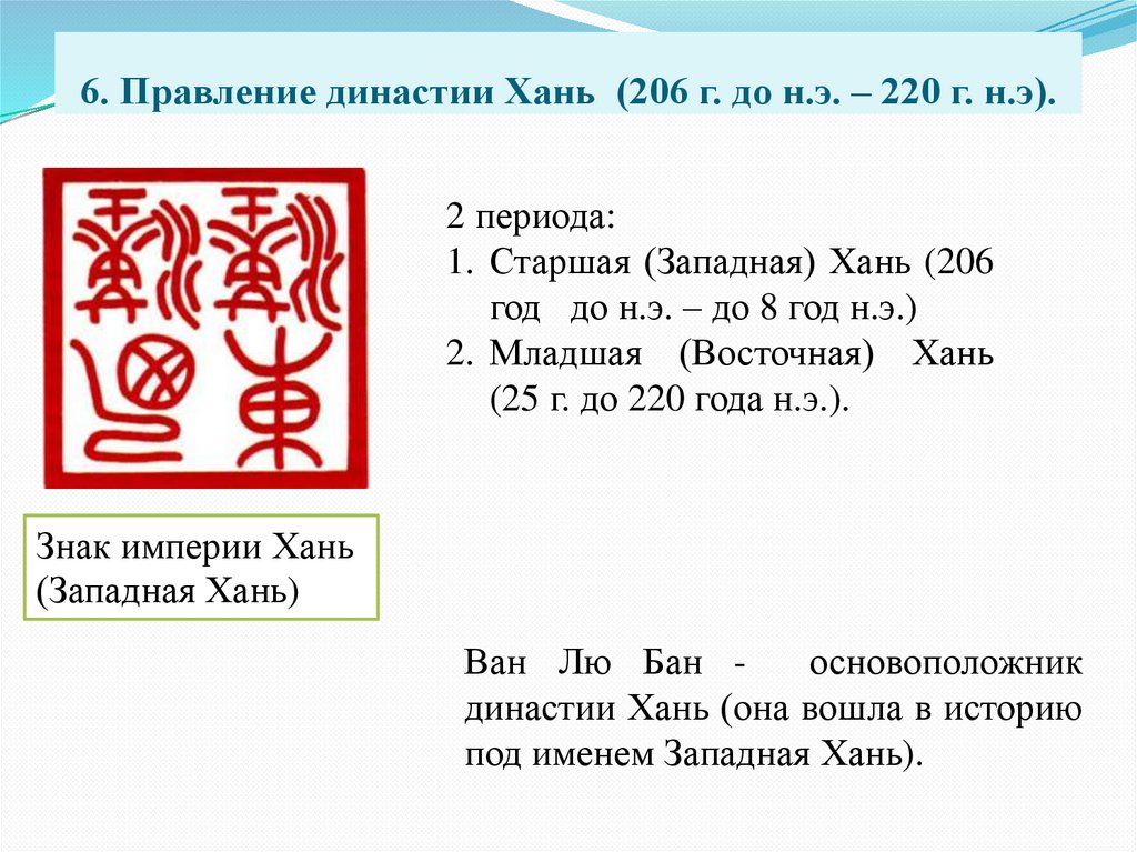 6. Правление династии Хань (206 г. до н.э. – 220 г. н.э).