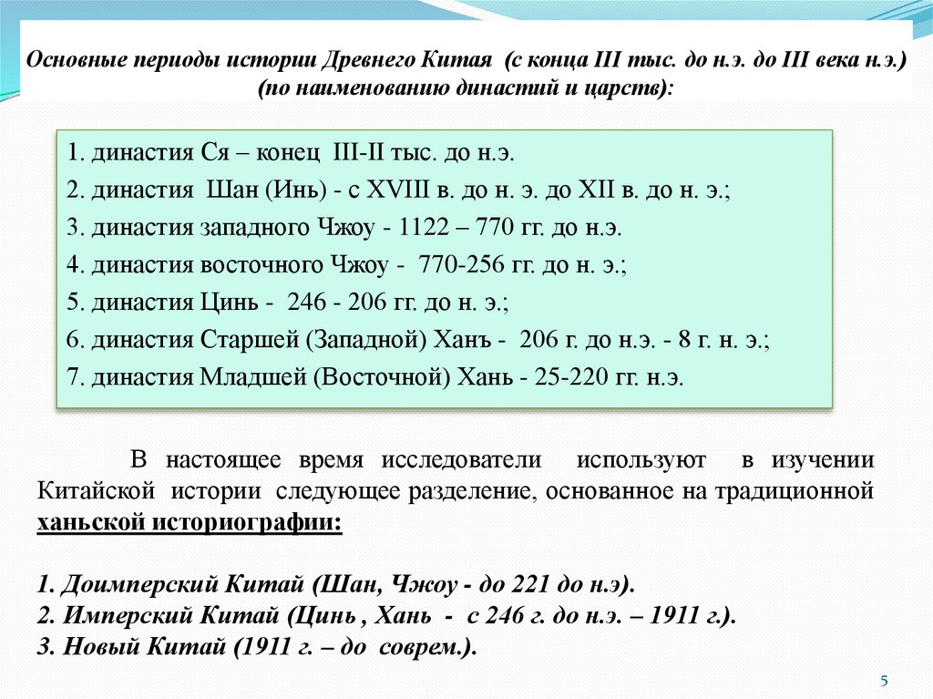 Основные периоды истории Древнего Китая (с конца III тыс. до н.э. до III века н.э.) (по наименованию династий и царств):