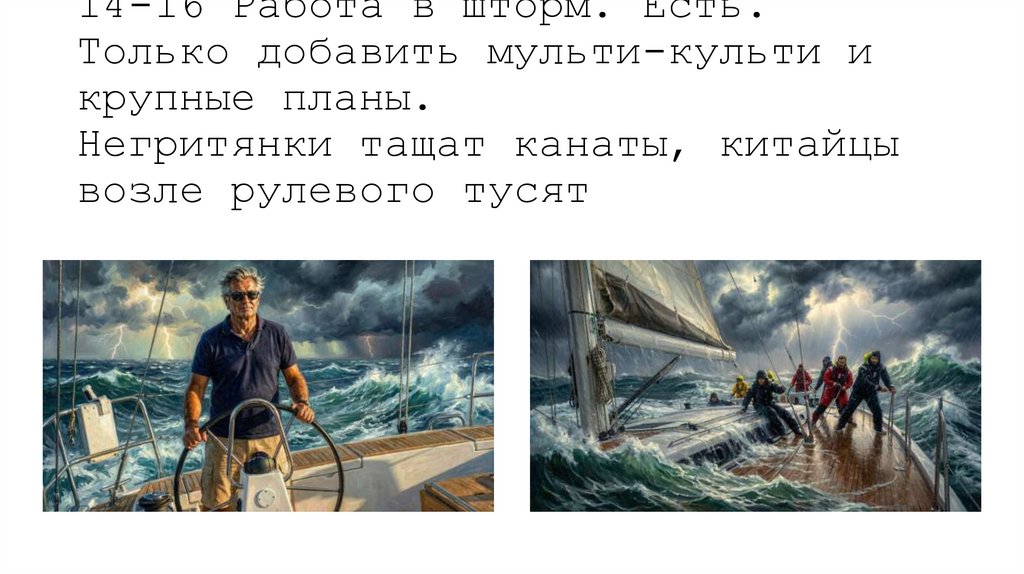 14-16 Работа в шторм. Есть. Только добавить мульти-культи и крупные планы. Негритянки тащат канаты, китайцы возле рулевого