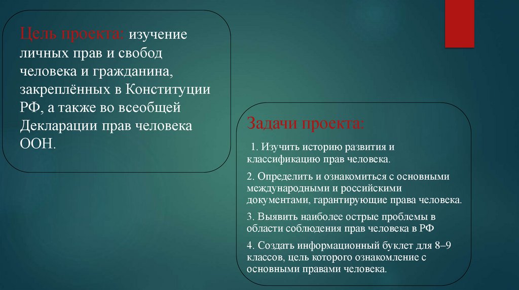 Цель проекта: изучение личных прав и свобод человека и гражданина, закреплённых в Конституции РФ, а также во всеобщей
