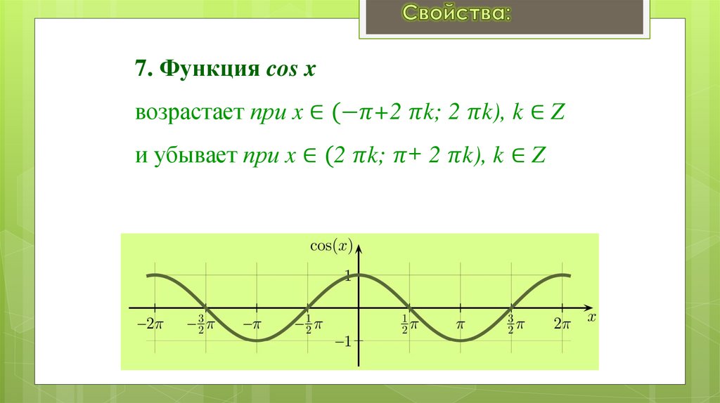 7. Функция cos x возрастает при x ∈(-π+2 πk; 2 πk), k ∈ Z и убывает при x ∈(2 πk; π+ 2 πk), k ∈ Z