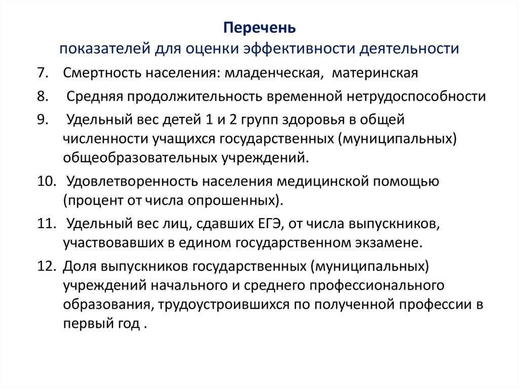 Перечень показателей для оценки эффективности деятельности