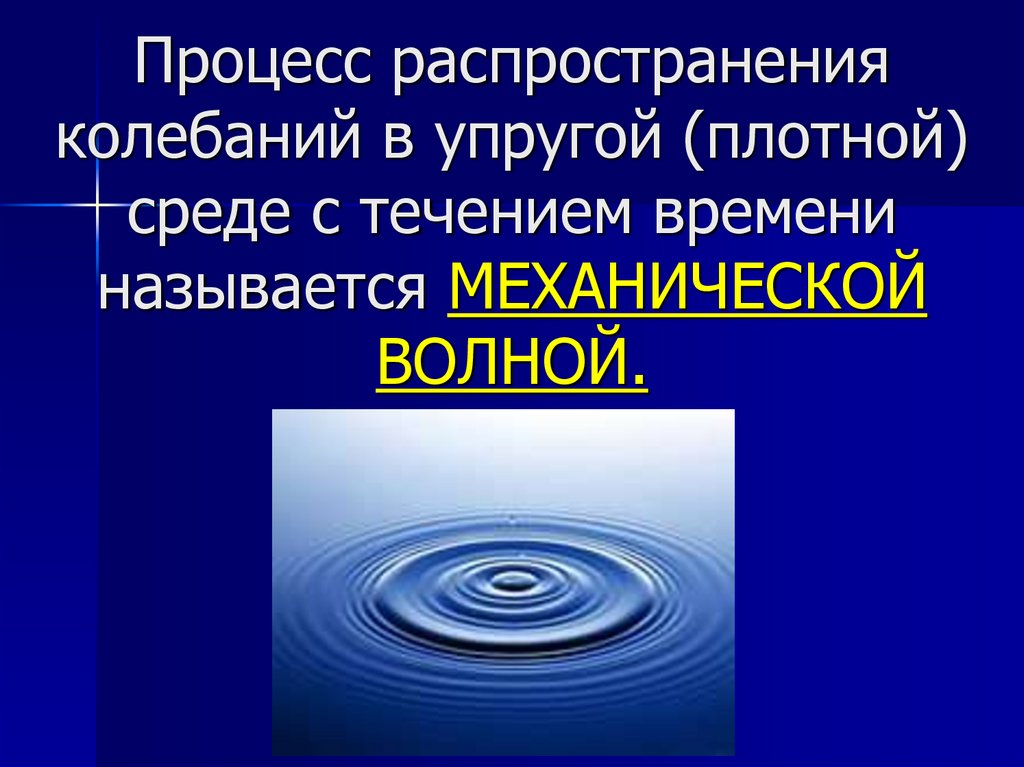 Процесс распространения колебаний в упругой (плотной) среде с течением времени называется МЕХАНИЧЕСКОЙ ВОЛНОЙ.