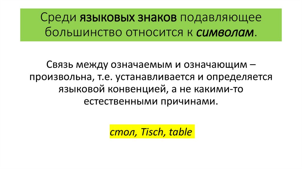 Среди языковых знаков подавляющее большинство относится к символам.