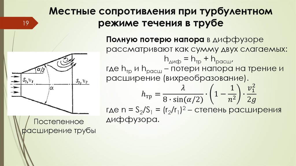 Местные сопротивления при турбулентном режиме течения в трубе