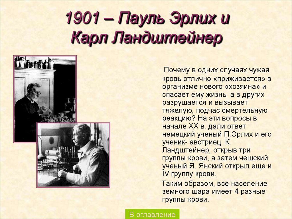 1901 – Пауль Эрлих и Карл Ландштейнер