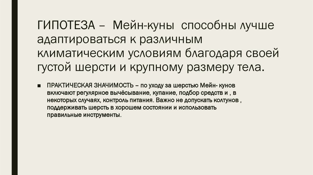 ГИПОТЕЗА – Мейн-куны способны лучше адаптироваться к различным климатическим условиям благодаря своей густой шерсти и крупному