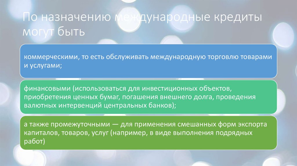 По назначению международные кредиты могут быть