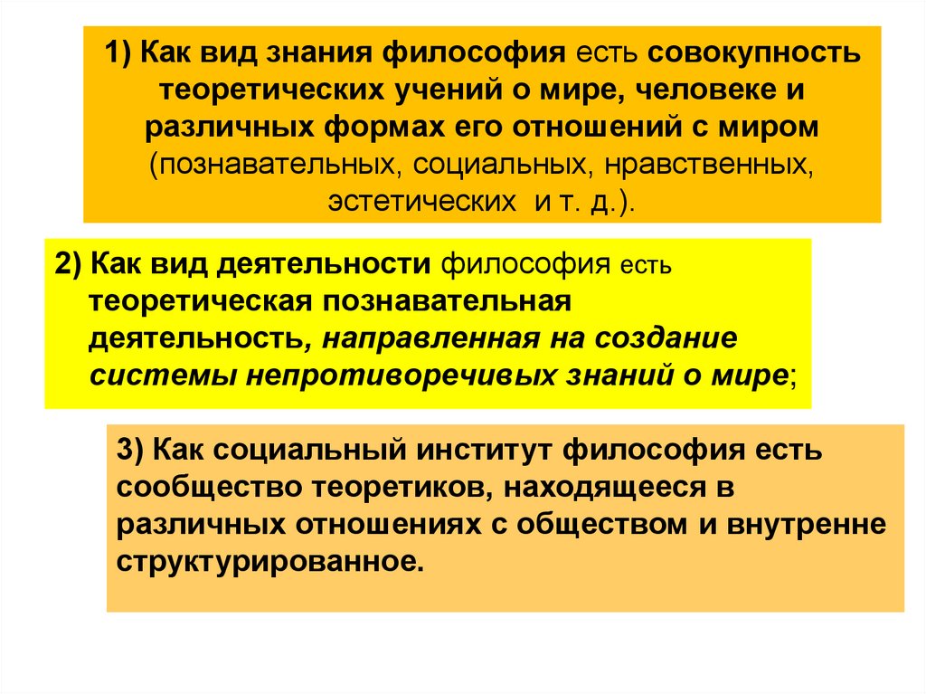 1) Как вид знания философия есть совокупность теоретических учений о мире, человеке и различных формах его отношений с миром
