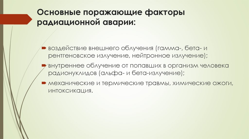 Основные поражающие факторы радиационной аварии: