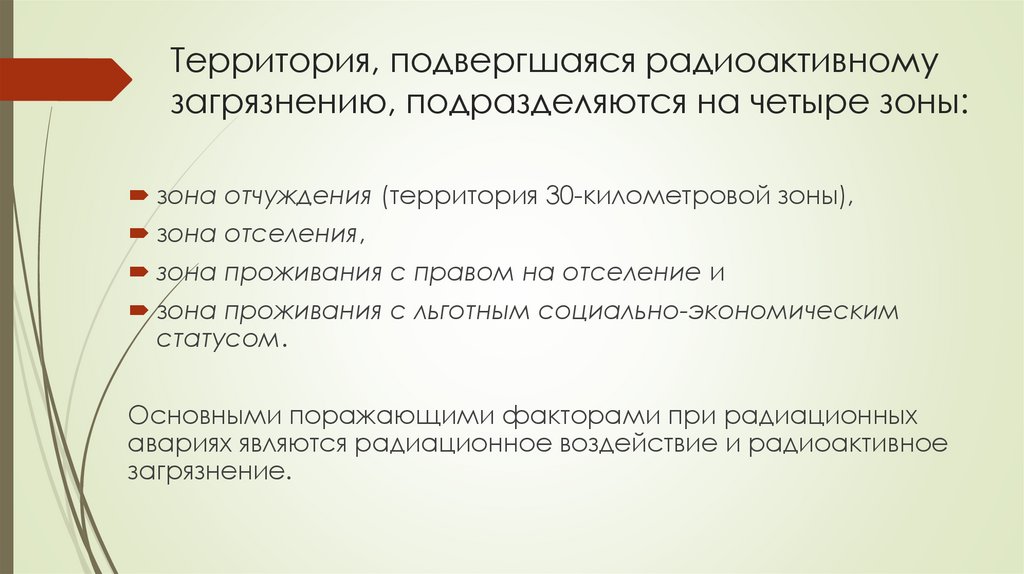 Территория, подвергшаяся радиоактивному загрязнению, подразделяются на четыре зоны: