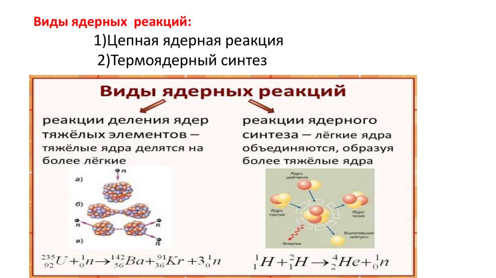 Виды ядерных реакций: 1)Цепная ядерная реакция 2)Термоядерный синтез