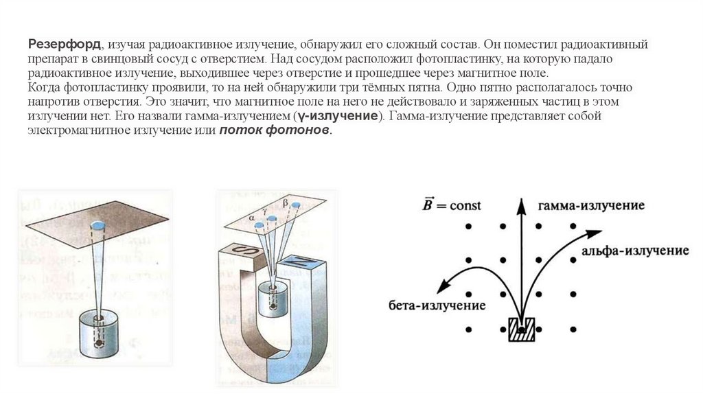 Резерфорд, изучая радиоактивное излучение, обнаружил его сложный состав. Он поместил радиоактивный препарат в свинцовый сосуд с