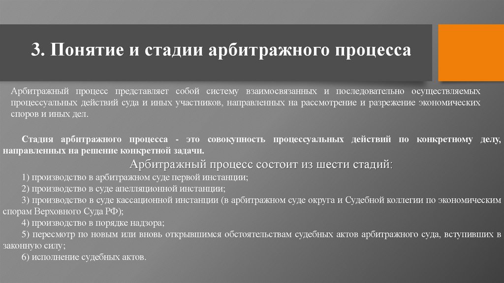 3. Понятие и стадии арбитражного процесса