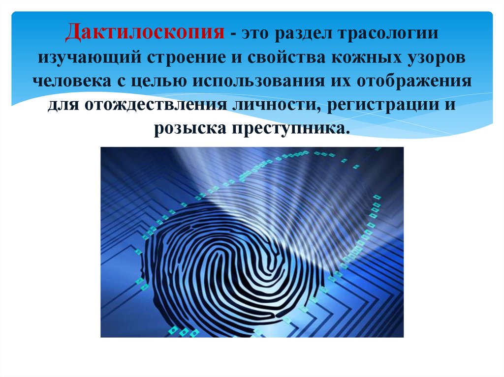 Дактилоскопия - это раздел трасологии изучающий строение и свойства кожных узоров человека с целью использования их отображения