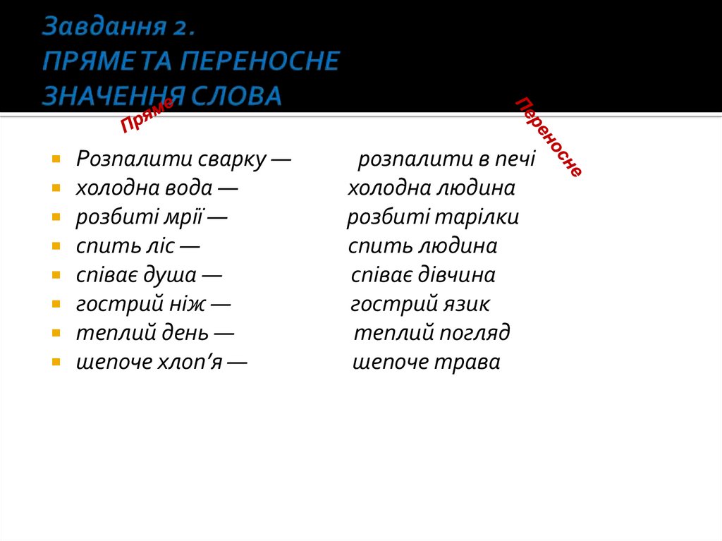 Завдання 2. ПРЯМЕ ТА ПЕРЕНОСНЕ ЗНАЧЕННЯ СЛОВА