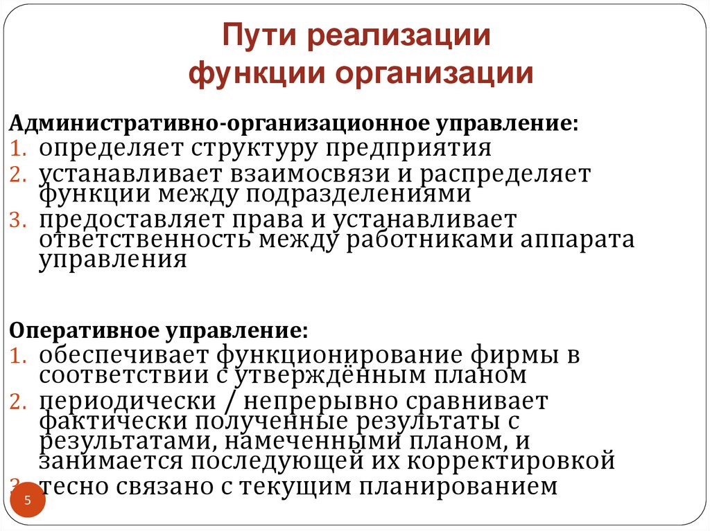 Пути реализации функции организации