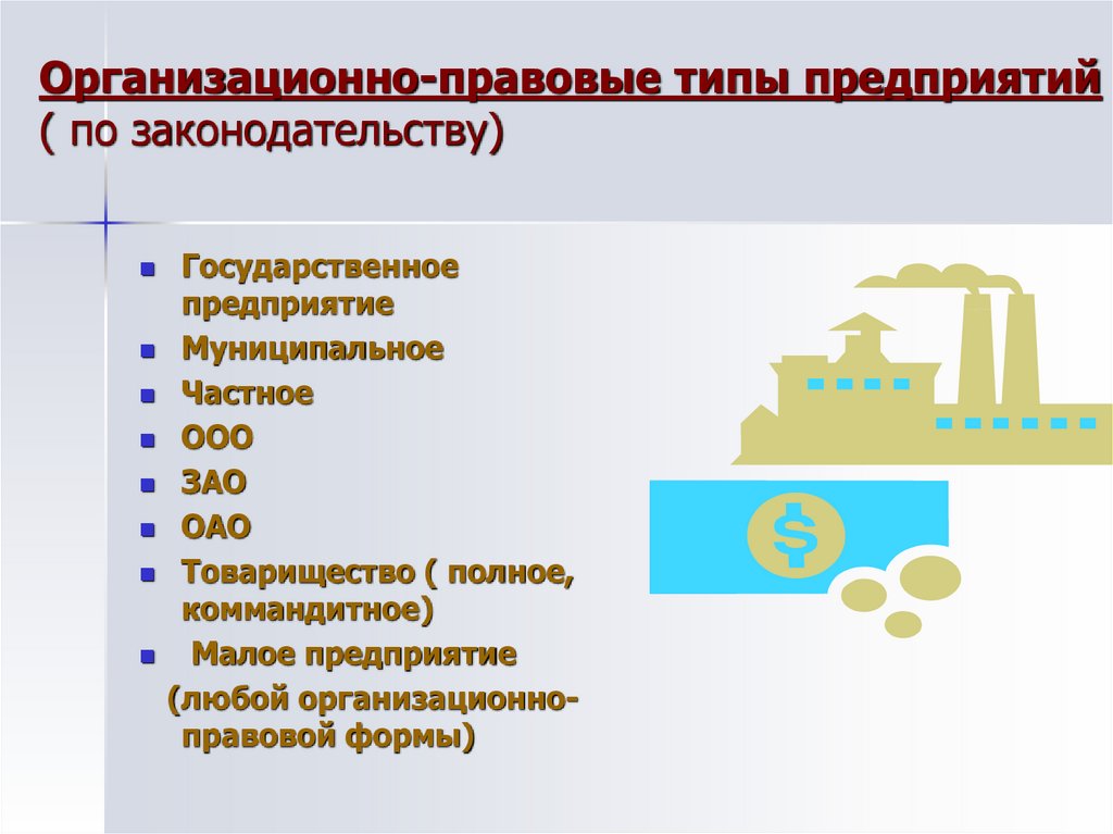 Организационно-правовые типы предприятий ( по законодательству)