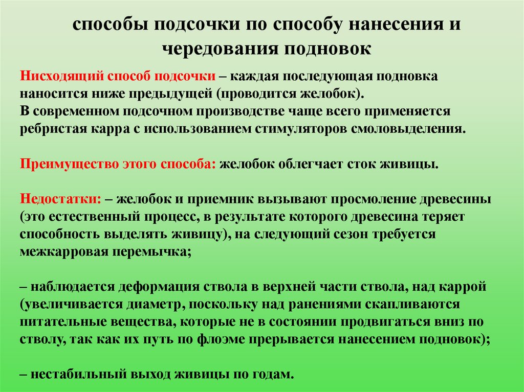 способы подсочки по способу нанесения и чередования подновок