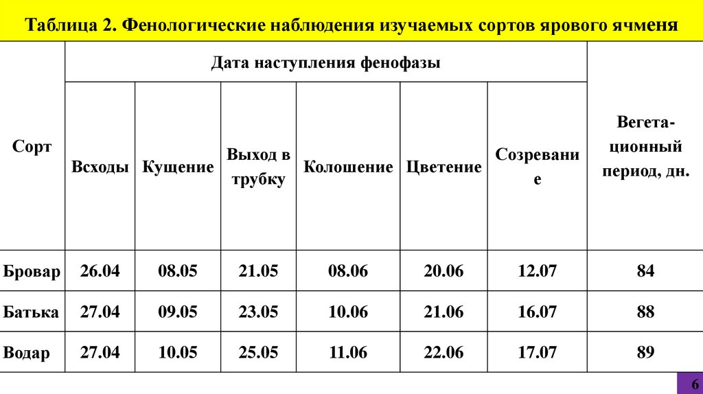   Таблица 2. Фенологические наблюдения изучаемых сортов ярового ячменя