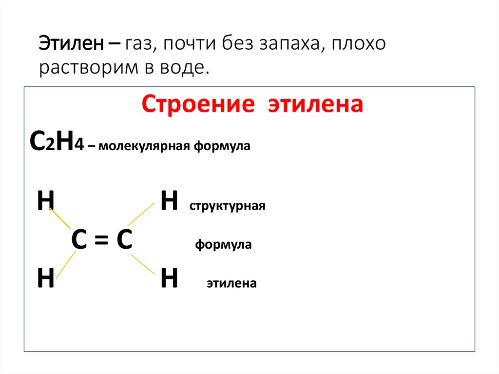 Этилен – газ, почти без запаха, плохо растворим в воде.