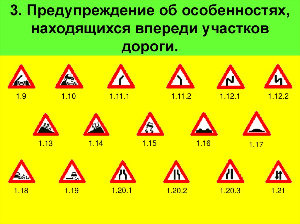 3. Предупреждение об особенностях, находящихся впереди участков дороги.