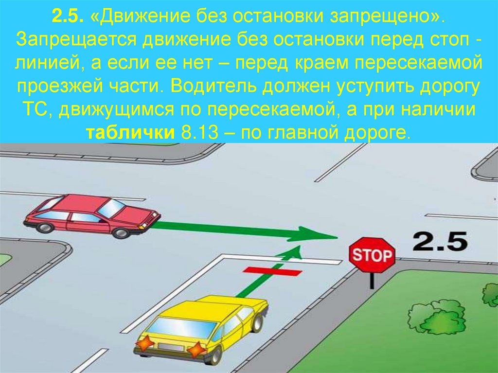 2.5. «Движение без остановки запрещено». Запрещается движение без остановки перед стоп - линией, а если ее нет – перед краем