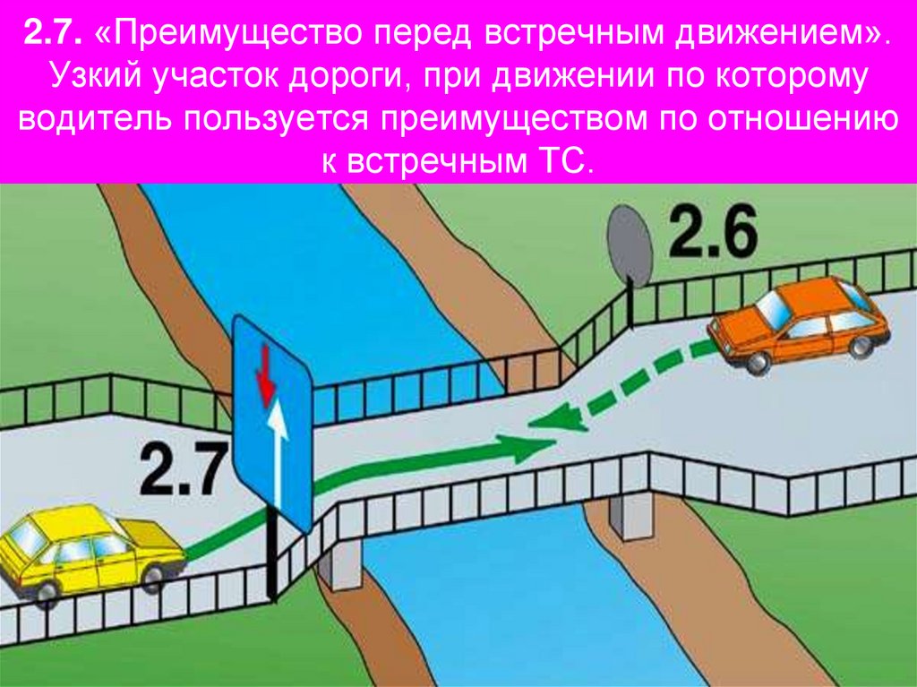 2.7. «Преимущество перед встречным движением». Узкий участок дороги, при движении по которому водитель пользуется преимуществом