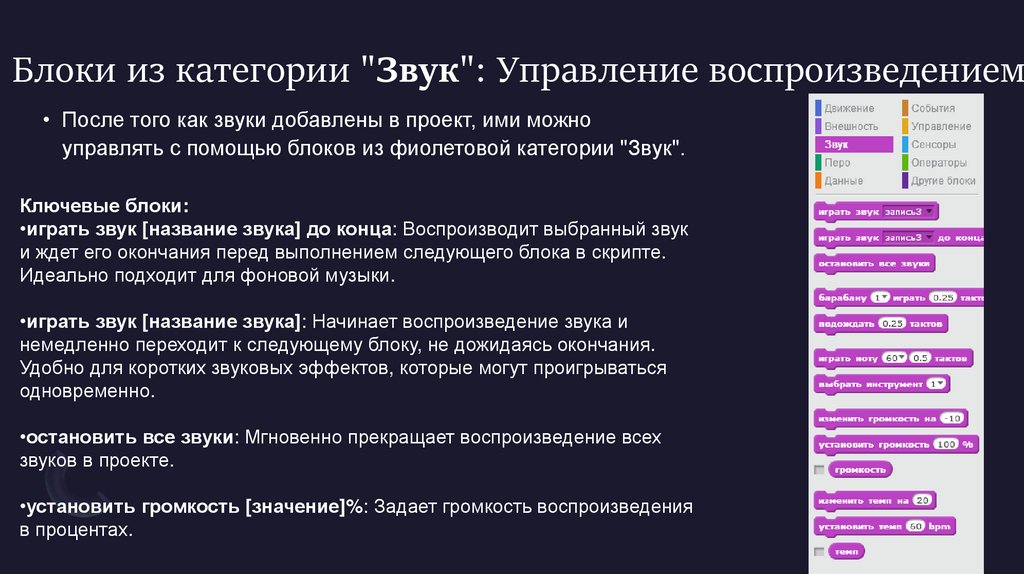 Блоки из категории "Звук": Управление воспроизведением