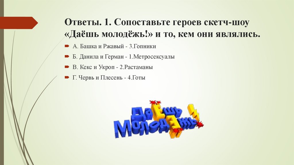 Ответы. 1. Сопоставьте героев скетч-шоу «Даёшь молодёжь!» и то, кем они являлись.