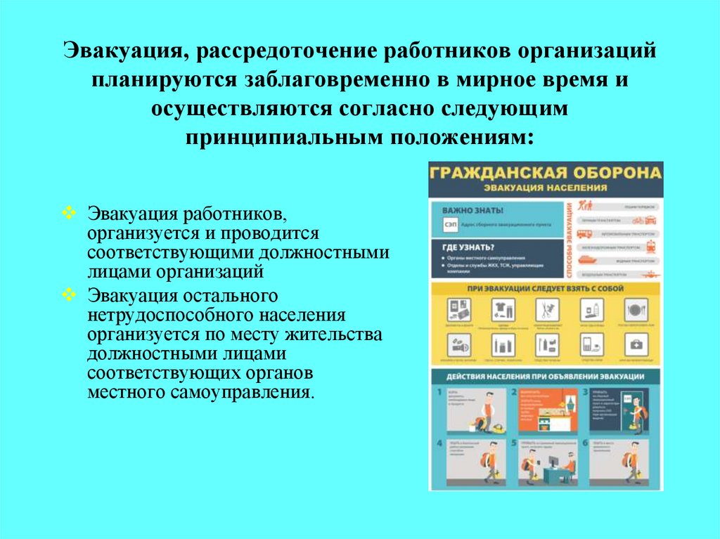 Эвакуация, рассредоточение работников организаций планируются заблаговременно в мирное время и осуществляются согласно
