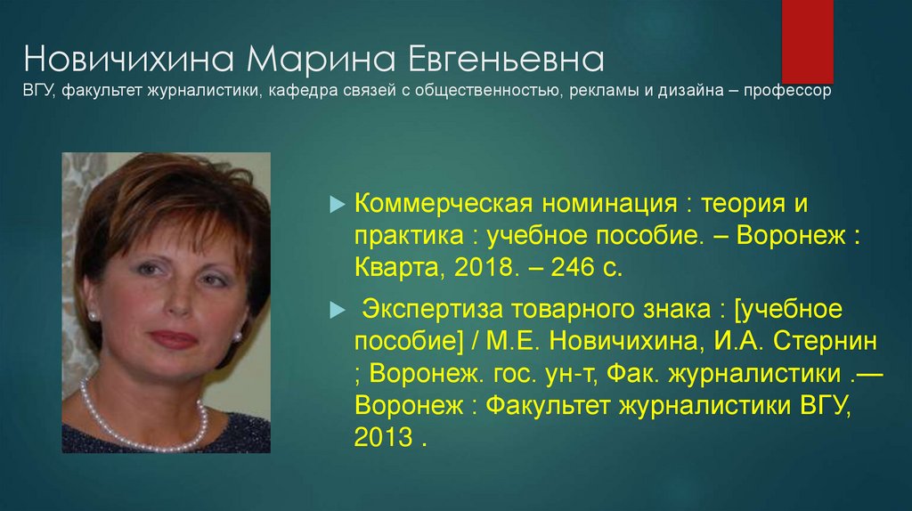 Новичихина Марина Евгеньевна ВГУ, факультет журналистики, кафедра связей с общественностью, рекламы и дизайна – профессор