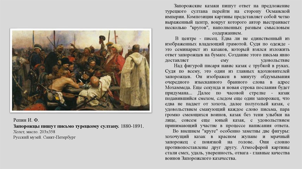 Запорожские казаки пишут ответ на предложение турецкого султана перейти на сторону Османской империи. Композиция картины