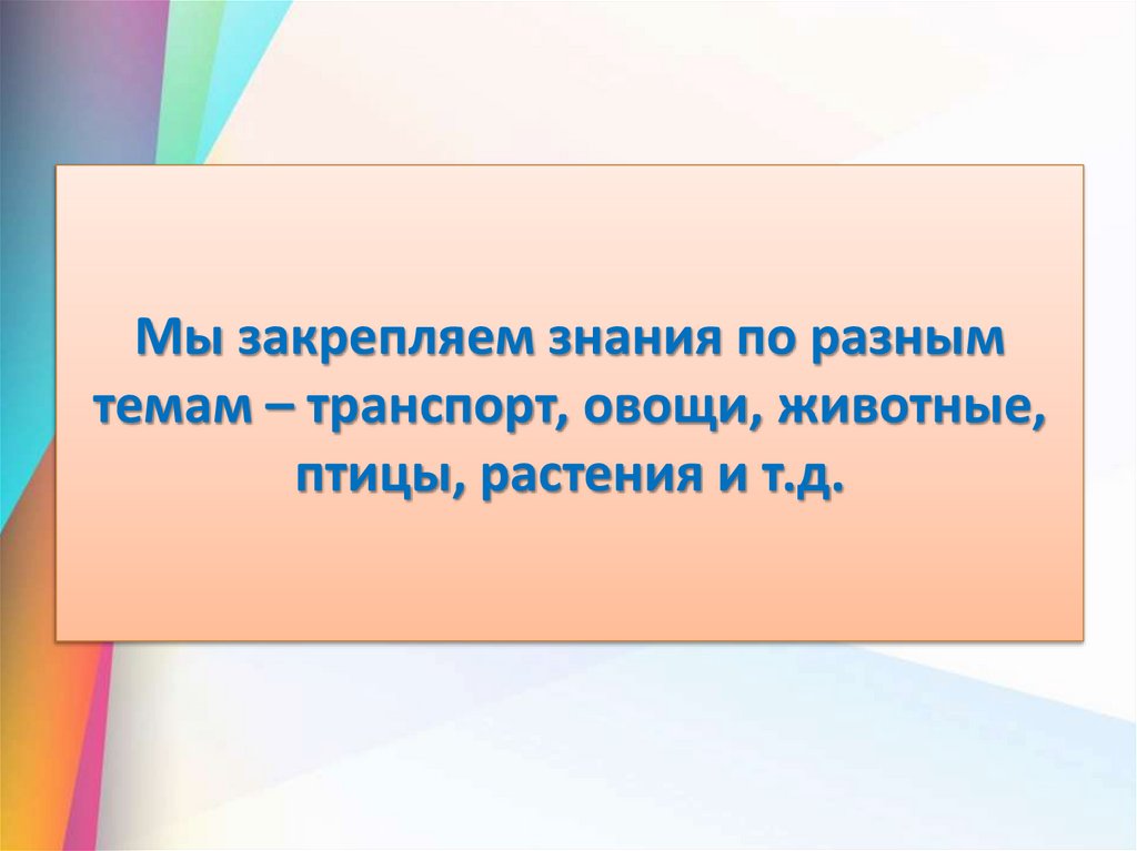Мы закрепляем знания по разным темам – транспорт, овощи, животные, птицы, растения и т.д.