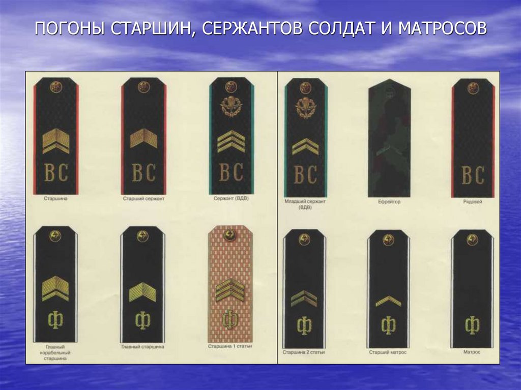 ПОГОНЫ СТАРШИН, СЕРЖАНТОВ СОЛДАТ И МАТРОСОВ